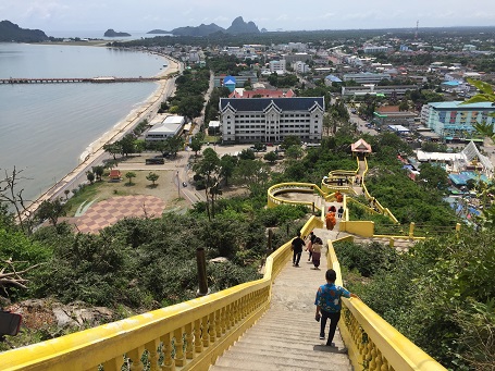 Wat Khao Chong Kaeo yellow ballustrades leading to the top of the temple Yellow ballustrades of Wat Khao Chong Kaeo